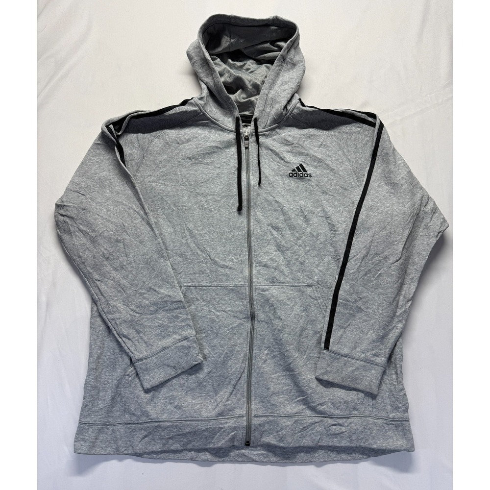 Adidas Essentials Hoodie Mens 2XL Heather Gray 3 Stripes Fleece Lined‎ Full Zip